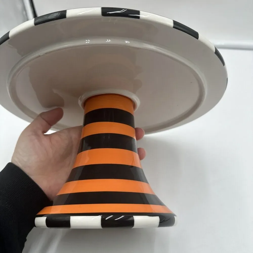 Vtg SUR LA TABLE Orange HALLOWEEN Polka Dot Striped CAKE PEDESTAL STAND PLATE 10